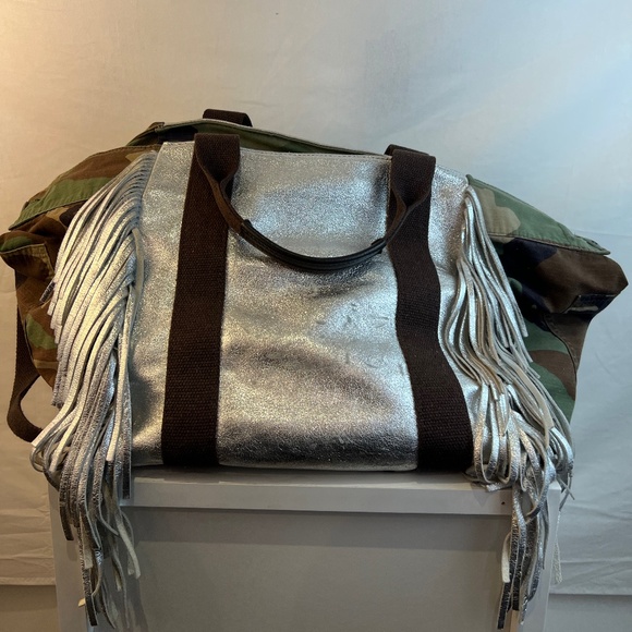 Silver Fringed Leather with Camo Fabric Hybrid Bag - Picture 2 of 16